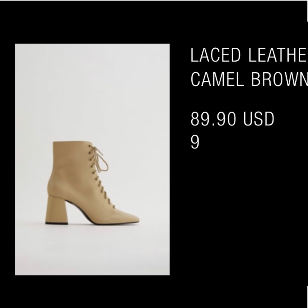 Beige cream square toe lace up leather boots with small chunky heel ZARA